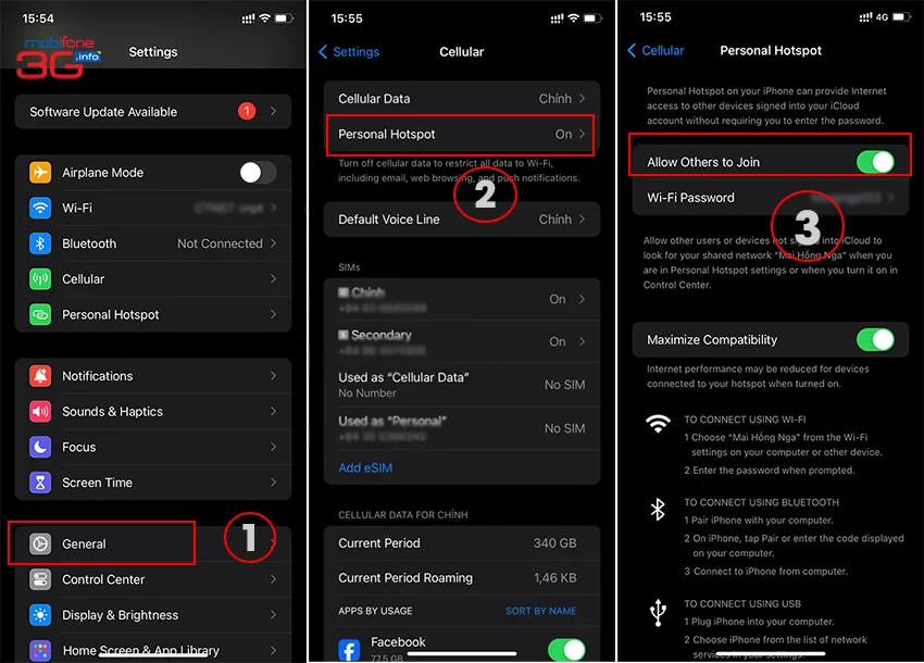 Các bước chia sẻ dữ liệu di động trên điện thoại iOS