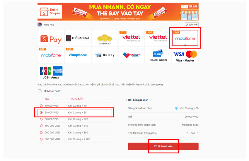 mua the garena bang sim mobifone