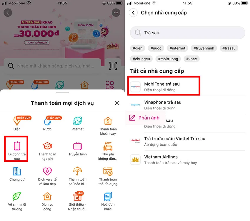 nap tien thue bao tra sau mobifone