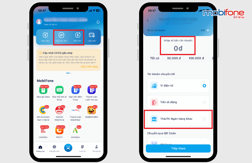 rut tien di dong tu mobifone money sang ngan hang